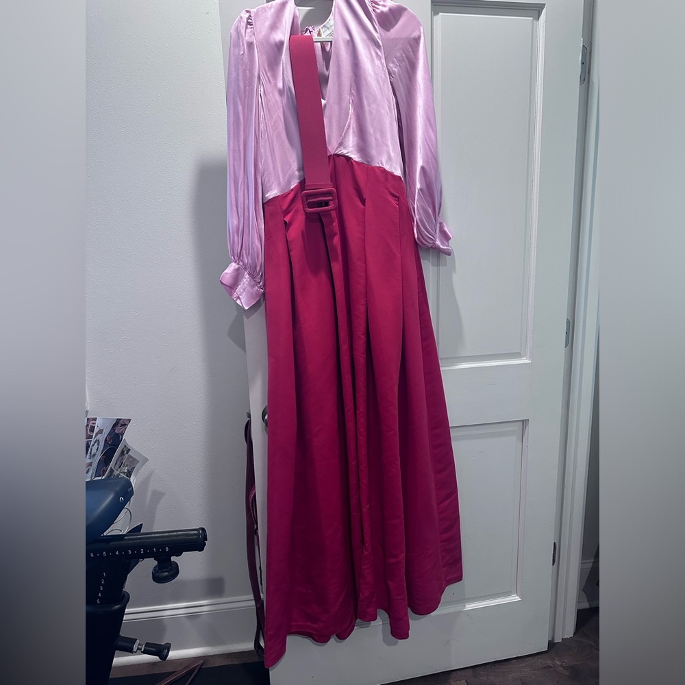 Two tone belted formal gown.